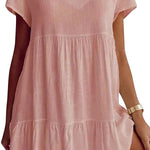 Cotton-Blend V Neck Casual Short Sleeve Weaving Dress