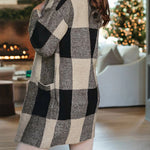 Khaki Plaid Print Pocket Open Front Long Cardigan