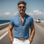 Men's Spring And Summer Fashion Casual Cotton Blend Stand Collar Slim Fit Wooden Button Short Sleeve Shirt