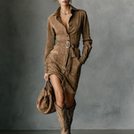 Women's Fashion Suede Single Breasted Lapel Long Sleeve Midi Dress