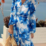 Island Girl Floral Print V-neck Long Sleeve Tie Slit Holiday Maxi Dress