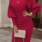 Batwing sleeve waist knitted slim dress