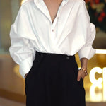Batwing Sleeves Long Sleeves Buttoned Solid Color Lapel Blouses&Shirts Tops