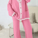 Fashion Casual Knitted Long Sleeve Pocket Cardigan and Elastic Waist Loose Wide Leg Pants Set