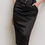 Retro Elegant Black Satin Lace Trim Corset Vest &  Pencil Skirt Set
