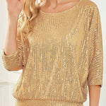 Solid Color Sequined Loose Round Neck Casual Top