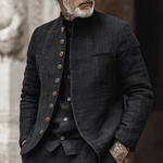 Men's Woven Textured Plaid Stand Collar Single-Breasted Jacket