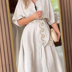 Solid Color Lapel Pocket Pattern Lace-up Loose Maxi Dress