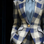Long Sleeves Loose Buttoned Contrast Color Plaid Pockets Notched Collar Blazer Outerwear