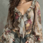 Boho Vintage Floral Tie-Front Chiffon Blouse