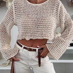Fashion Knitted Hollow Long Sleeve Round Neck Holiday Cover Up