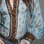 Retro Leopard Print Fitted Blouse With Lace Trim