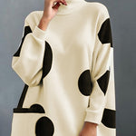 Long Sleeves Loose Pockets Polka-Dot Mock Neck Midi Dresses