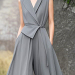High Waisted Loose Pleated Pockets Solid Color Tied Notched Collar Jumpsuits