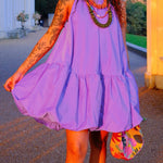 High Waisted Loose Pleated Solid Color Round-Neck Mini Dresses