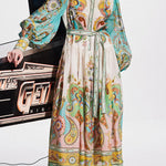 Unique Print Balloon Sleeve Belt Shirt Midi Dress