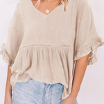 Plain V Neck Ruched Ruffle Trim Short Sleeve Blouse