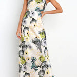 Garden Party Floral Satin Cut Out Back Lace-up Maxi Dress