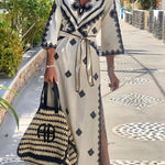 Quiet Atmosphere Linen Blend Ethnic Print Belted Midi Dress