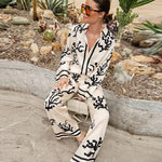 LIGHT AND COMFORTABLE SATIN UNIQUE PRINT ELASTIC WAIST POCKETED WIDE LEG PANTS