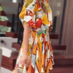 Unique Printed Round Neck Short Sleeve Waist Tie Vacation Mini Dress