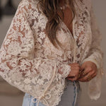 Lace V-neck Bell Sleeve Sheer Shirt