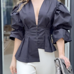 High-Low Puff Sleeves Asymmetric Buttoned Solid Color Deep V-Neck Blouses&Shirts Tops