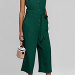 Buttoned Sleeveless Cropped Jumpsuit With Sash