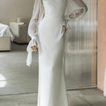 Flared Sleeves Skinny Gauze Pleated See-Through Solid Color Split-Joint Square-Neck Maxi Dresses