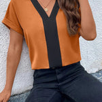 Loose Short Sleeves Contrast Color V-Neck T-Shirts Tops