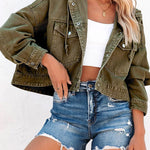 Green Large Pockets Casual Hooded Cropped Denim Jacket