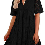 Women's V Neck Short Sleeve Hollow Out Mini Vacation Dress