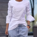 Long Sleeves Loose Solid Color Round-Neck T-Shirts Tops