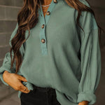 Smoke Green Waffle Patchwork Drop Sleeve Henley Top