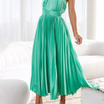 Beaming Smile Satin Halter Neck Pleated Midi Dress