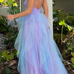 LAVENDER AND BLUE RUFFLED MESH MAXI DRESS