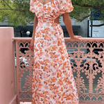Elastic puff sleeves pleated waist back hollow sweet long skirt