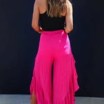 Rose Ruffle Slit High Waist Wide Leg Pants