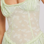 Ulissa Light Green Square Neck Jacquard Textured High Slit Maxi Dress