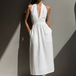 Women's Minimalist Cotton And Linen Blend Halter Neck V-neck Backless Midi Dress