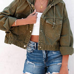 Green Large Pockets Casual Hooded Cropped Denim Jacket