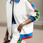 Long Sleeves Loose Contrast Color Striped Zipper Lapel Outerwear