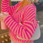 Pink Striped Buttoned V Neck Drop Shoulder Cardigan