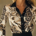 Long Sleeves Buttoned Contrast Color Flower Print Leopard Split-Joint Lapel Blouses&Shirts Tops