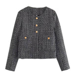 Round Neck Slim Fit Colorblock Women's Button Jacket