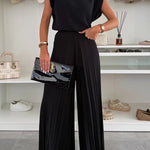 Fashionable Round Neck Shoulder Pads Top and Elastic Waist Pleated Wide-leg Pants Set