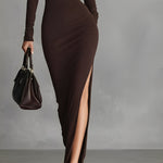 Women's Brown Stretch Fabric Chic Turtleneck Bodycon Slit Dress