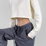 Round Neck Solid Color Loose Casual Long Sleeve Super Short Knitted Sweater