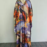 Batwing Sleeves Loose Gauze Printed Split-Joint V-Neck Maxi Dresses