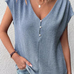 Waffle Casual Solid Color V Neck Button Pullover Women's T-Shirt